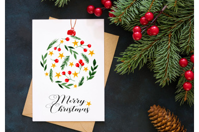 Christmas Card with Winter Greenery and Stars