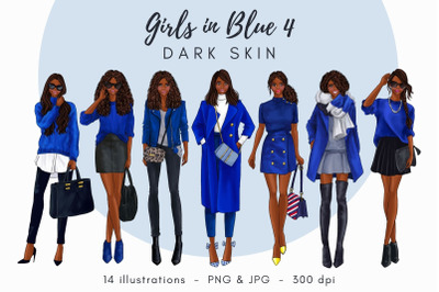 Watercolor Fashion Clipart - Girls in Blue 4 - Dark Skin