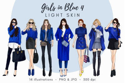 Watercolor Fashion Clipart - Girls in Blue 4 - Light Skin