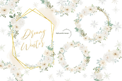 Frame Dreamy Winter White Floral clipart, Greenery Floral Wreath
