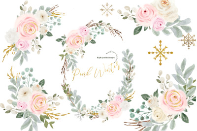 Elegant Winter Pink Floral Clipart, Winter Snowflakes Clipart