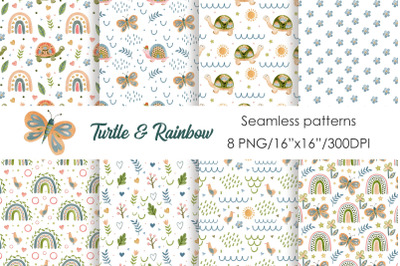 Watercolor turtle &amp; rainbow seamless patterns.