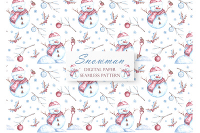 Snowman watercolor seamless pattern. Christmas, new year, winter, snow