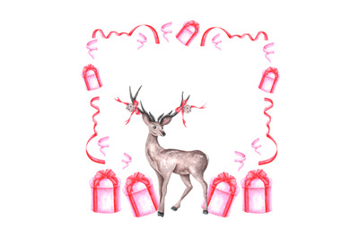 Christmas deer watercolor frame (border). New year, gift