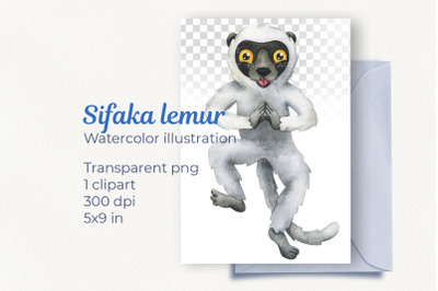 Funny lemur sifaka, watercolor clipart