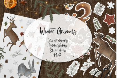 Winter Animals Stickers PNG. Sticker Sheets for printing.