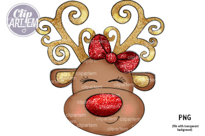 Girl Reindeer Red Bow Gold PNG, New Year  Clip Art Doodle  Fun