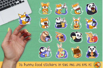 Food stickers with cartoon animals. Funny set