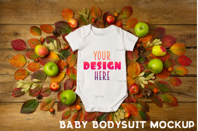 White baby short sleeve bodysuit mockup with fall leaves and pine cone