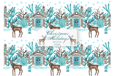 Christmas deer watercolor seamless pattern. Scandinavian, winter.
