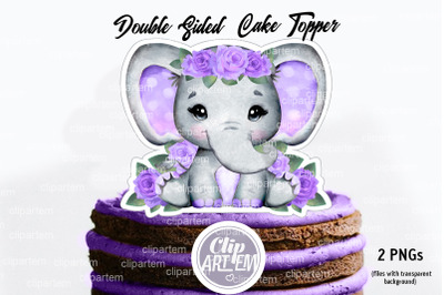 Purple / Lavender Baby Girl Elephant Cake Topper Double Sided PNG