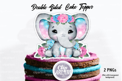 Elephant Double Sided Centerpiece Cake Topper Pink Turquoise 2 PNG