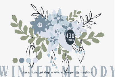 Scandinavian Christmas line art flowers and abstract shapes