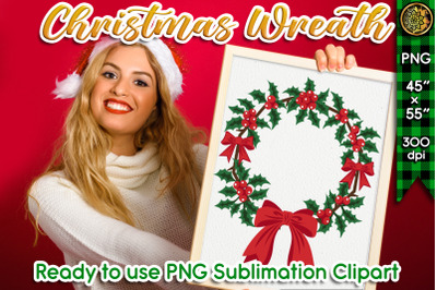 Christmas Wreath with Red Ribbon Bow PNG Sublimation Clipart