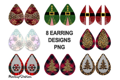 Christmas Earring Sublimation Design Bundle, 8 Teardrop Earring PNG