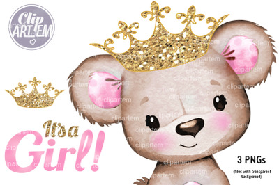 Princess Girl Baby Bear with Gold Crown and Pink Ears 3 PNG Clip Art