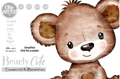 Cute Brown Bear Baby Brown  Ears SVG PNG vector watercolor clip art