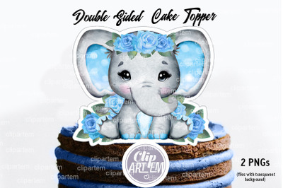 Cute Baby Blue Elephant 2 sided Topper Girl PNG watercolor clip art