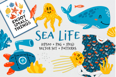 Sea Life. Nautical clipart +patterns