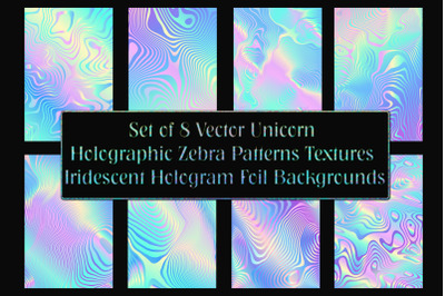 Set of 8 Vector Unicorn Holographic Light Zebra Patterns Textures