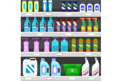 Showcase rack of household chemicals store. Cleaners and disinfectants