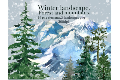 Mountain landscape and Christmas forest watercolor clipart .