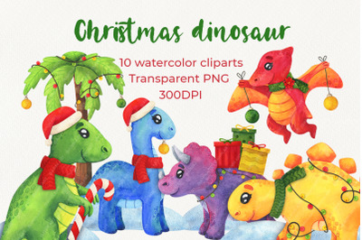 Christmas dinosaurs, watercolor clipart
