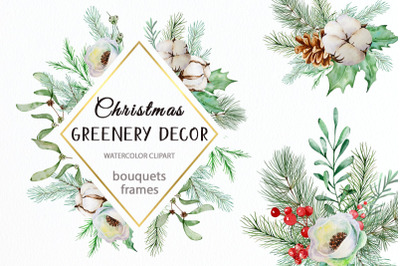 Watercolor Christmas Greenery Decor Clipart PNG