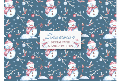 Snowman watercolor seamless pattern. Christmas, New Year, Holidays