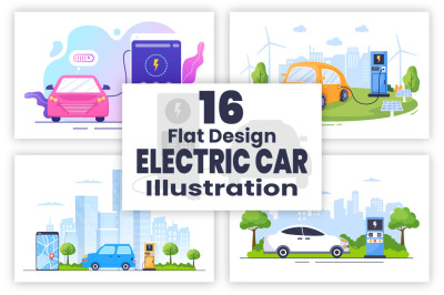 16 Charging Electric Green Car illustration