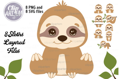 Sweet Sloth SVG 8 PNG files Baby Clip Art Set,  Sloth Bundle Vector