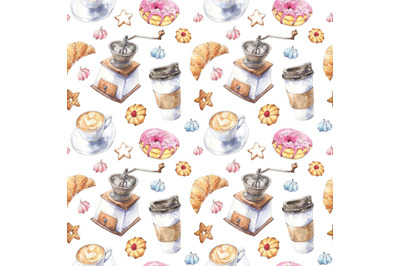 Coffee and dessert watercolor seamless pattern