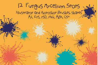 12 Fungus Mycelium Spots Illustrator Brushes + Vector Photoshop Shapes