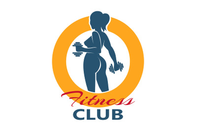 Fitness Club Logo with Woman Silhouette holds dumbbell