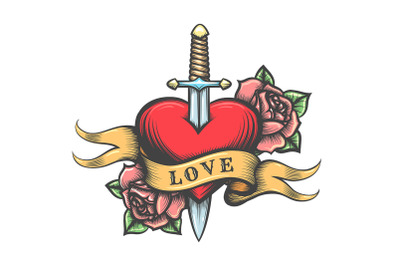 Heart pierced by Sword with Roses and Banner