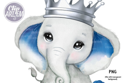 Cute Elephant with Dark Blue Ears and Silver Crown Royal PNG clip art