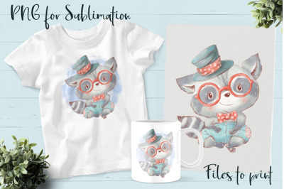 Cute raccoon sublimation. Design for printing.