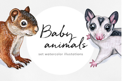 Watercolor set Baby animals illustrations. Cute 6 animals.