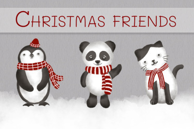 Christmas cat, penguin and panda clipart