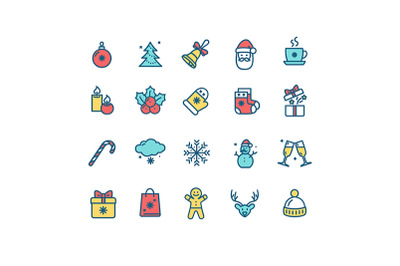 Christmas Sign Color Thin Line Icon Set. Vector