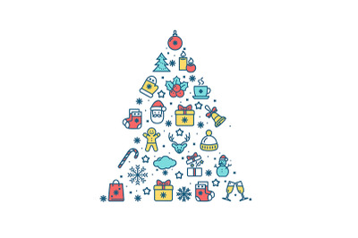 Christmas Tree Shape Concept with Color Thin Line Icon Set. Vector