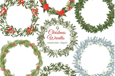 Christmas wreaths watercolor clipart, winter greenery and flowers, poi