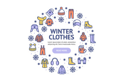 Winter Clothes Round Design Template Color Contour Lines Icon Concept.