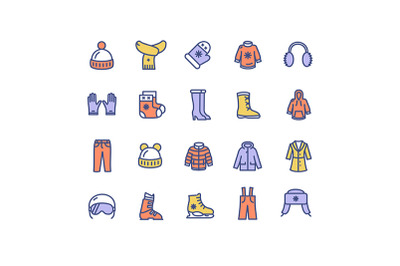 Winter Clothes Sign Color Thin Line Icon Set. Vector