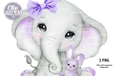 Sweet Baby Elephant with Rabbit, Purple Girl Bow 3 PNG Clip Art