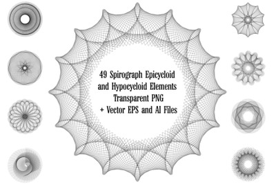 9 Spirograph Epicycloid and Hypocycloid Elements - Transparent PNG + V