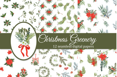 Christmas Floral Digital Papers Pack, Winter greenery seamless pattern