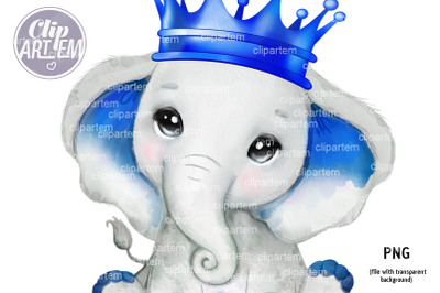 Cute Blue Crown Elephant  PNG Clip Art, Royal watercolor clip art