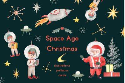 Space Age Christmas Watercolor Clipart &amp; Patterns