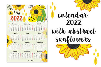 calendar 2022 with abstract sunflowers and seeds.